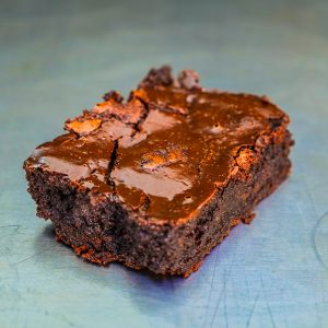 Brownie with dark and milk chocolate, moist and fudgy texture.