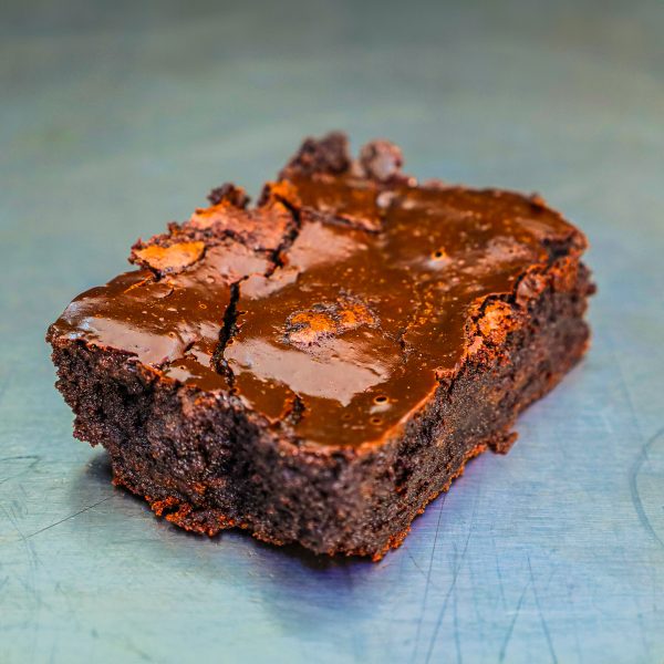 Brownie with dark and milk chocolate, moist and fudgy texture.